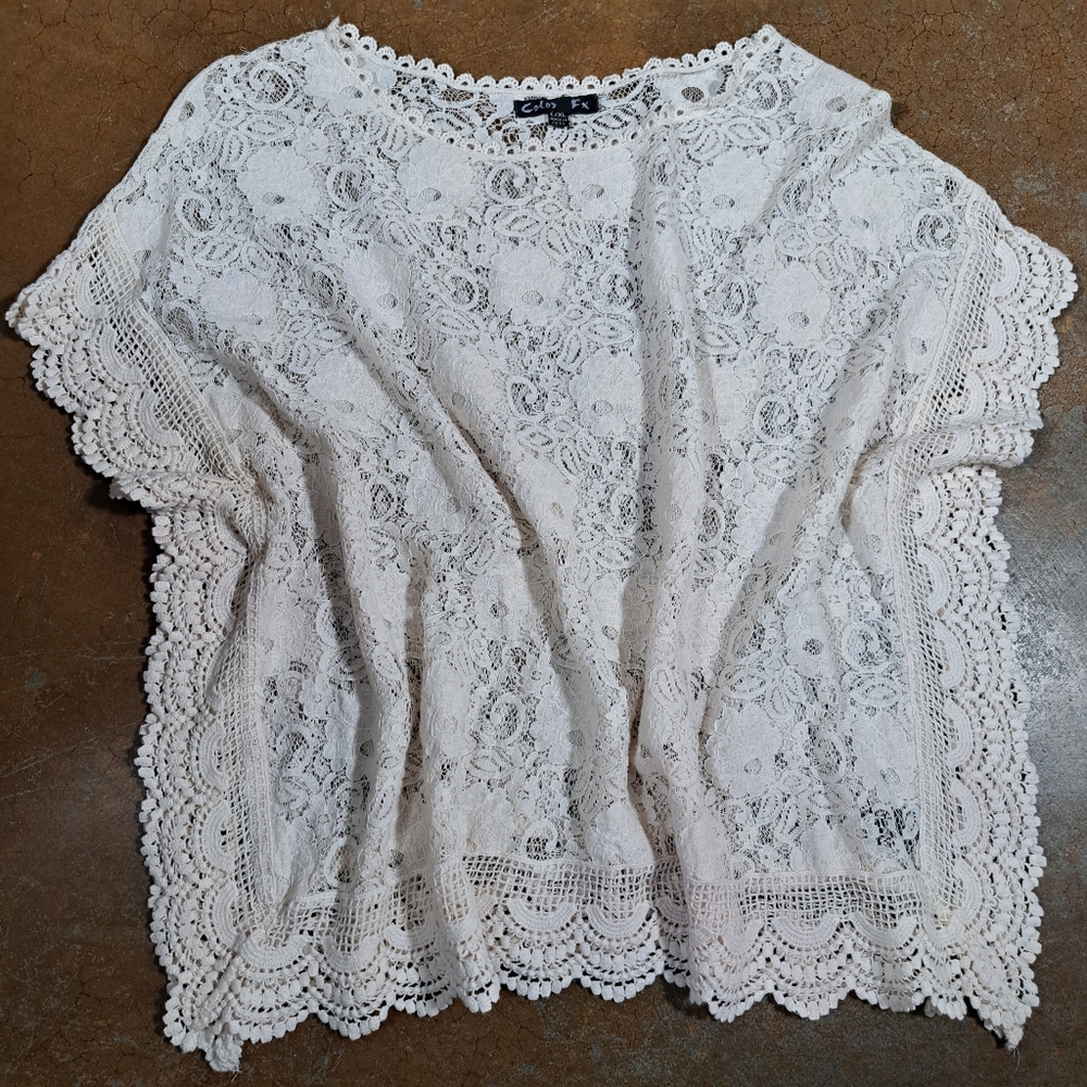 VTG Color FX Womens Lace Blouse Sz L Cotton Poncho Topper Overlay Boho Cottage